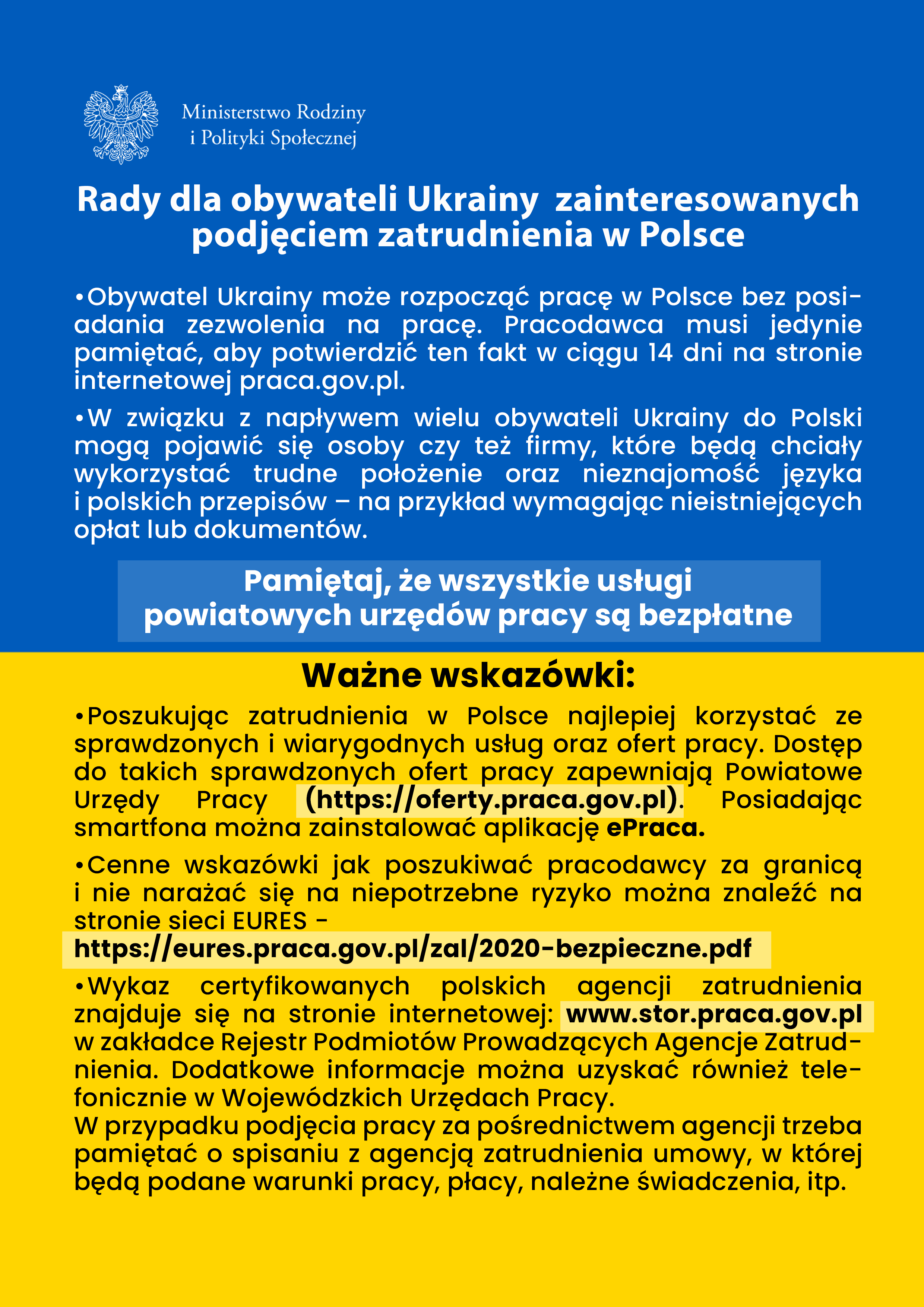 Ulotka Rady dla obywateli Ukrainy zainteresowanych podjęciem zatrudnienia w Polsce po polsku
